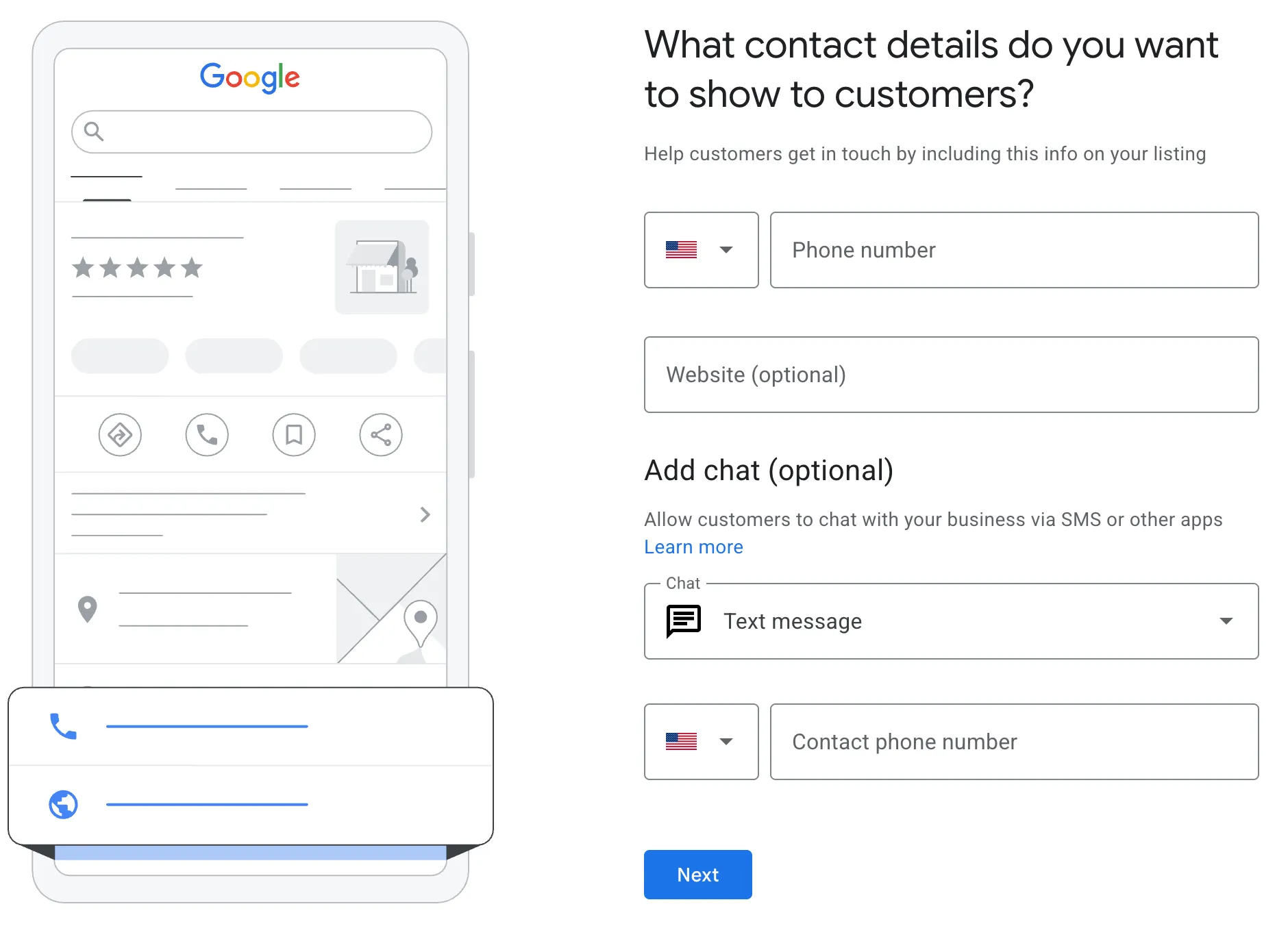 Google Business Profile contact details screen for phone, website, and chat