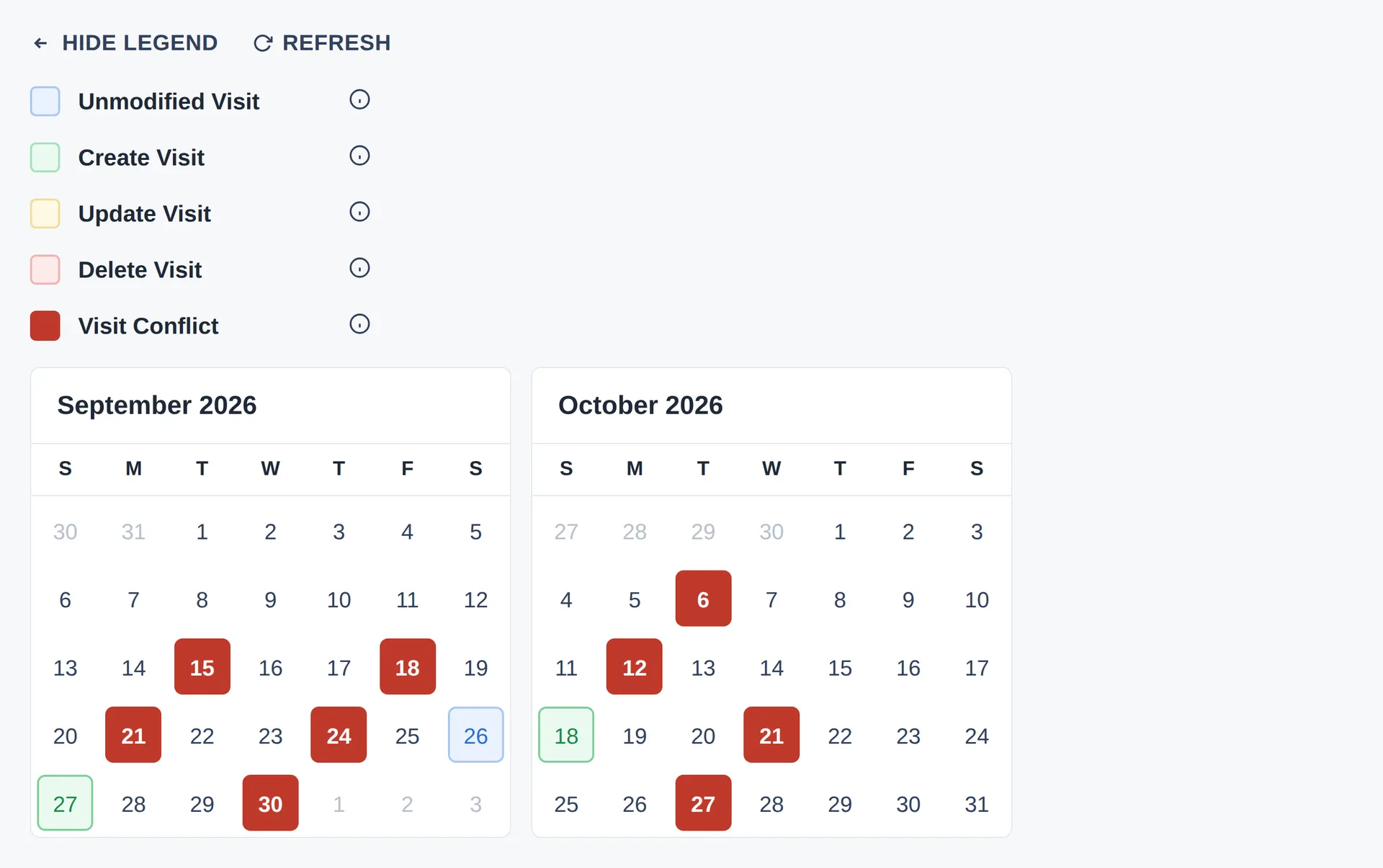 GEOH scheduling calendar with a color-coded legend for visit changes and conflicts