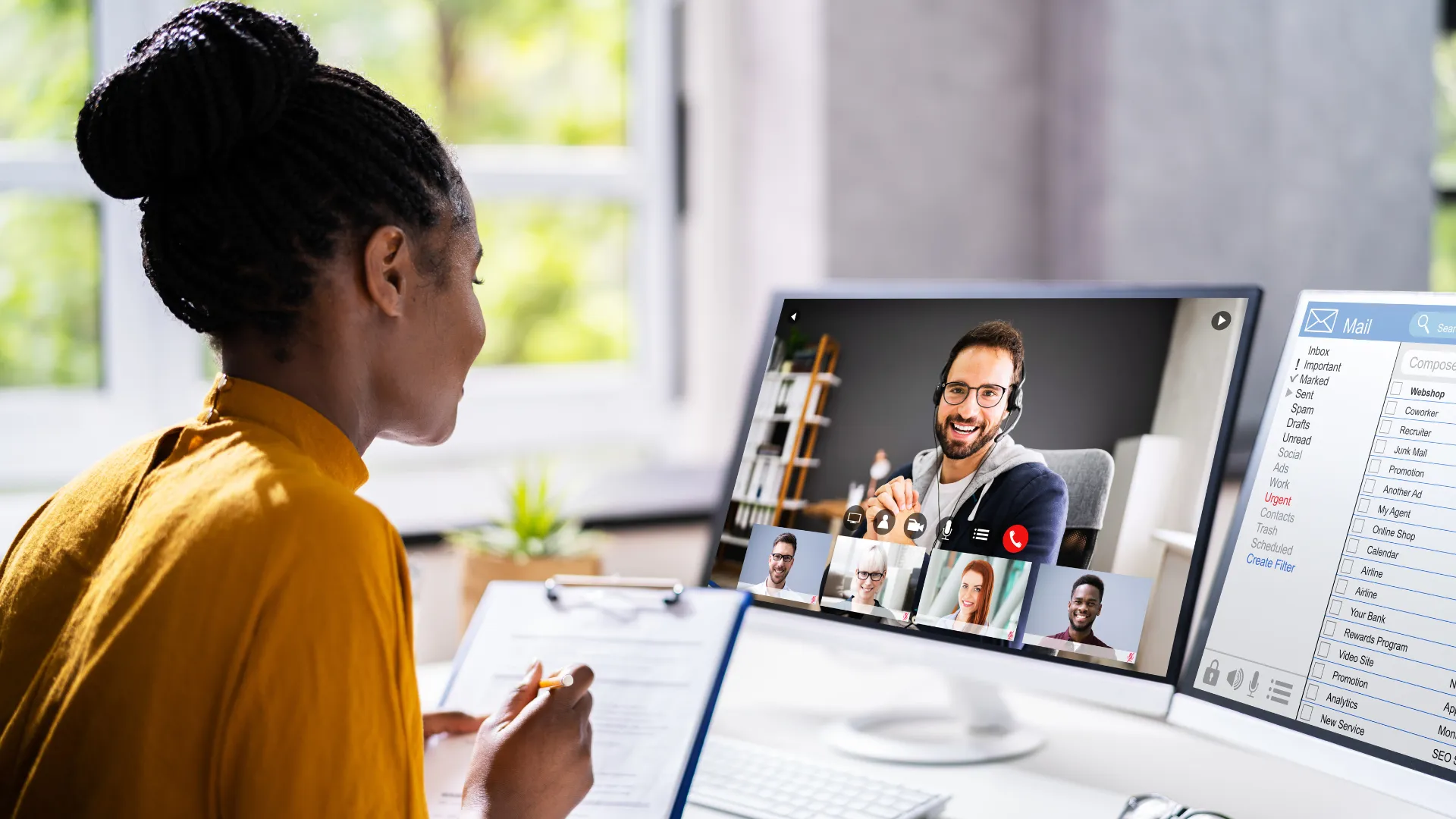 Caregiver joining a virtual onboarding call from her desk