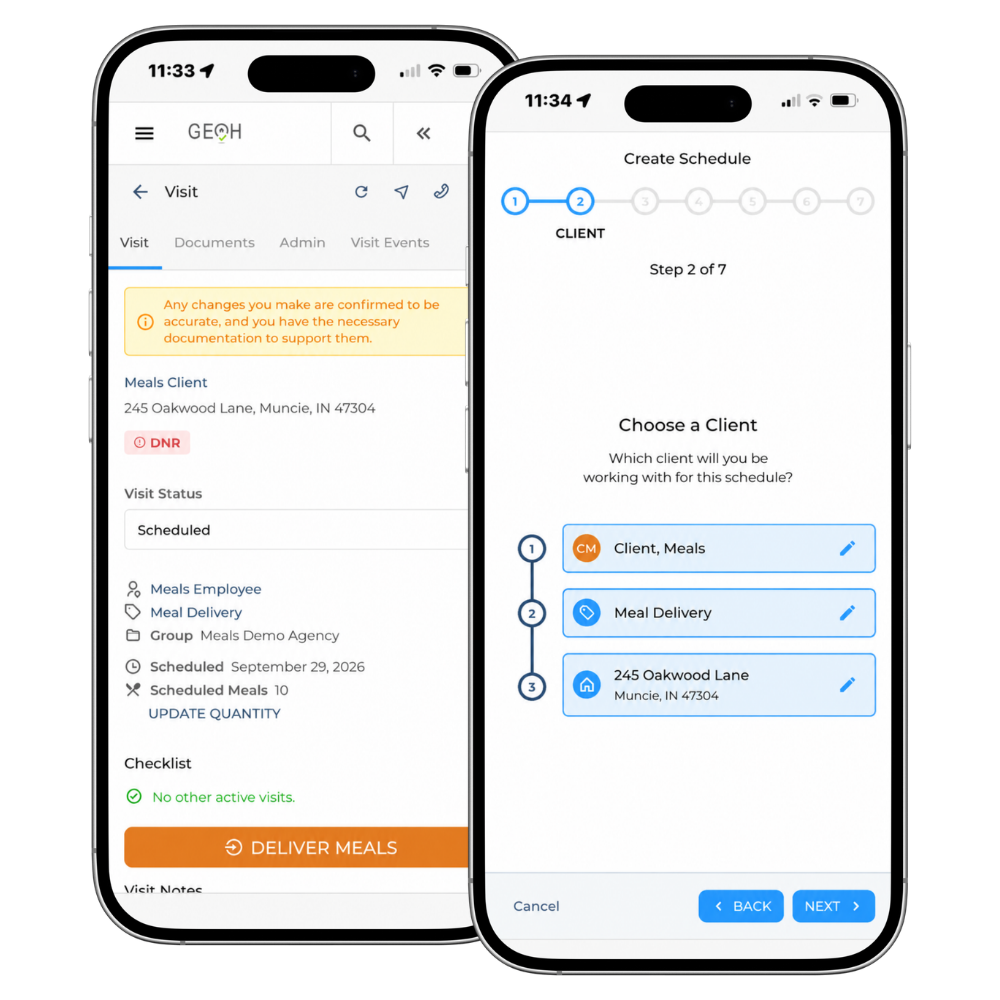 iPhone mockups showing the Meal Delivery visit screen and the Create Schedule step for choosing Meal Delivery as a visit type