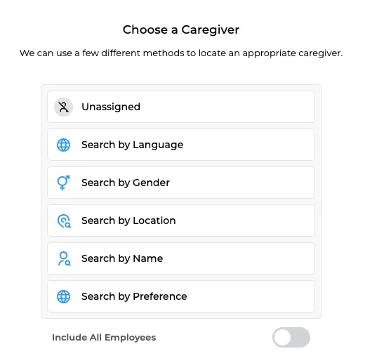 GEOH scheduling wizard's Choose a Caregiver step, showing search by language, gender, location, name, and preference