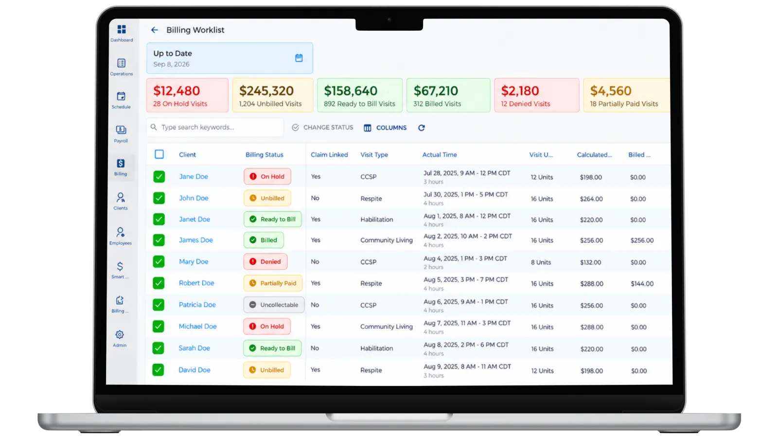 GEOH SMART Bill billing worklist dashboard showing claim status totals and visit list