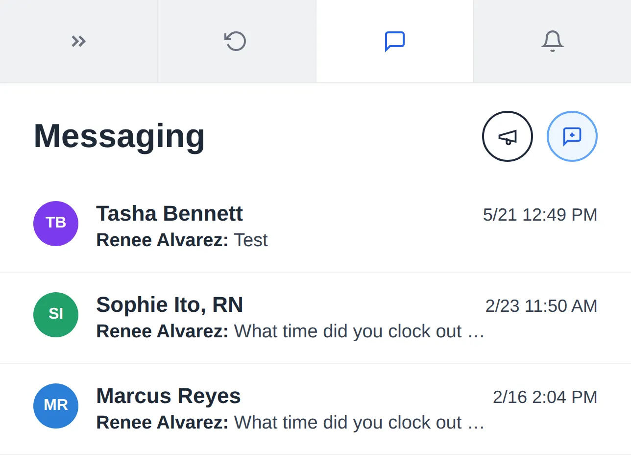 GEOH messaging inbox showing recent conversation threads with caregivers