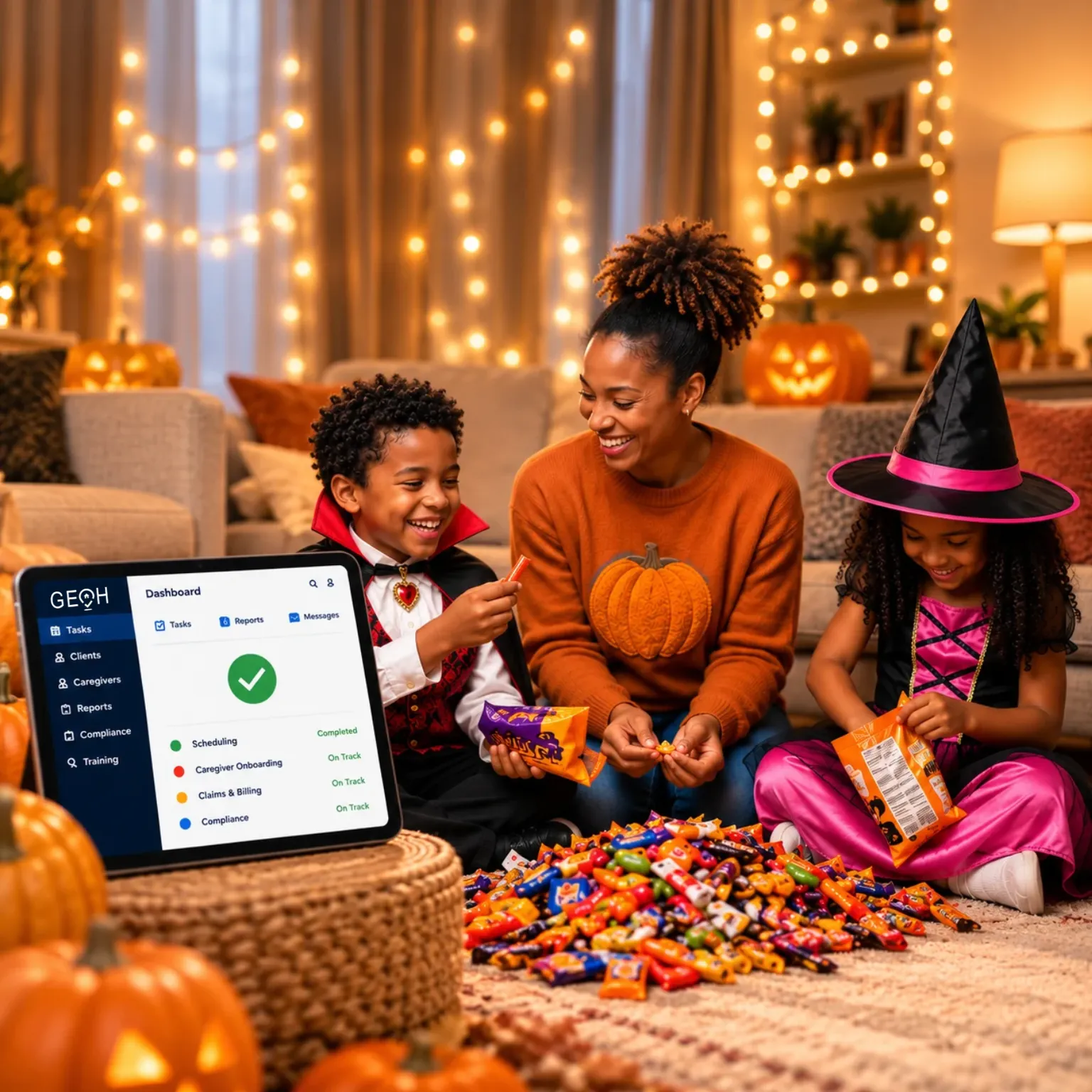 Home care agency owner relaxing at home on Halloween while GEOH manages scheduling, billing, compliance, and caregiver calls