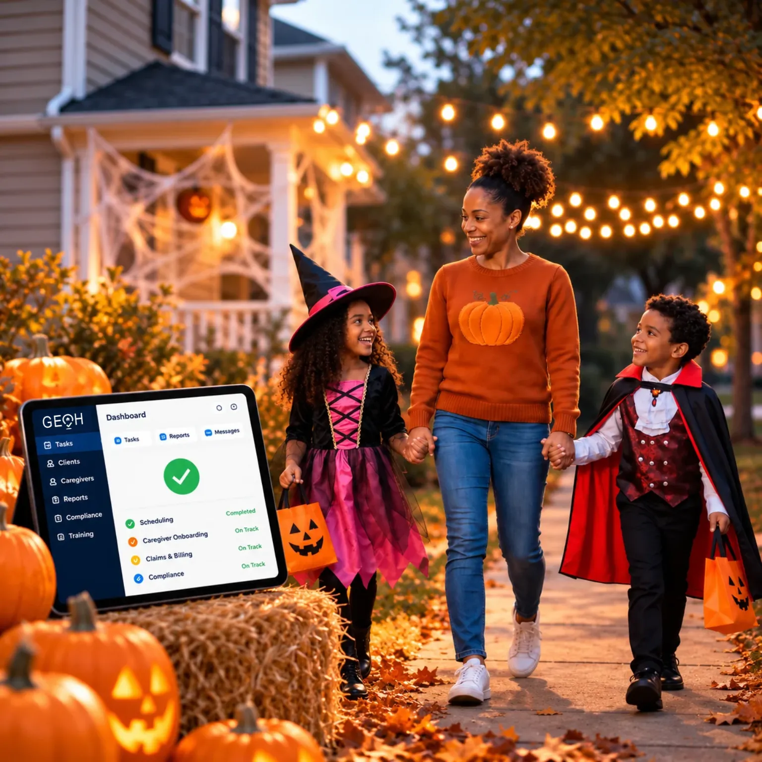 Home care agency owner enjoying a trick-or-treating night with family while GEOH manages their agency